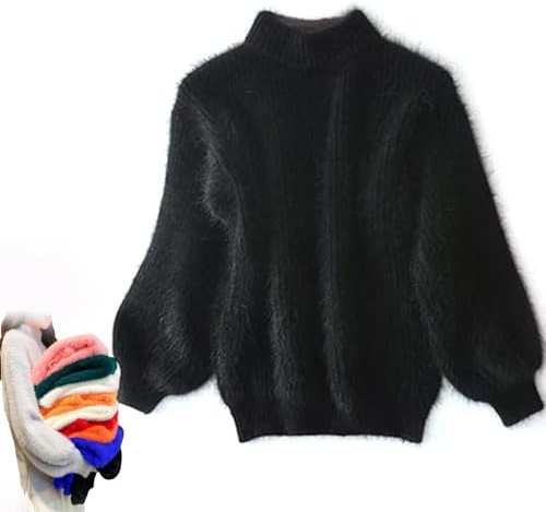 BreWel Señora Invierno Angora Mezcla de Cachemira suéter Suelto y cálido Casual Grueso Cuello Alto de Lana suéter de Color sólido Cuello Redondo Jersey de Punto suéter (Talla única,Negro)