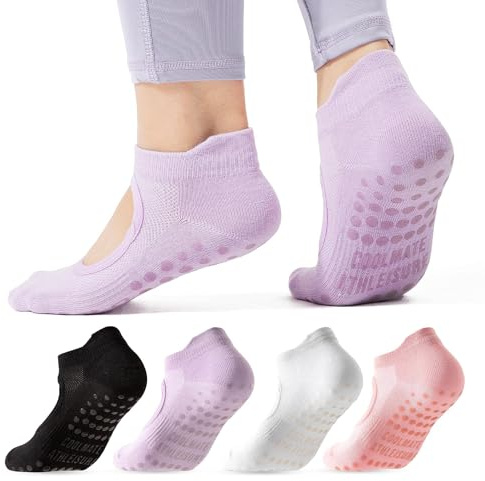 CoolMate Pilates Socks with Grips for Women, Yoga Socks, Crew Non Slip Women for Barre, Pilates Gifts (US, Numeric, 6, 10, Regular, Regular, A-01. 4 Pairs Open Top Pink/White/Light Purple/Black)