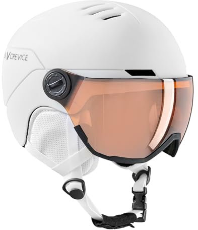 Black Crevice Kinder-Skihelm Cortina I Skihelm mit Vollvisier & Belüftung I Snowboardhelm für Jungen & Mädchen I Mit Ohrpads & Skibrillenhalterung I Größenverstellbar (Weiß, XS)