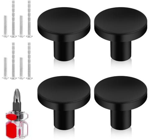 Lusofie 4Pcs Round Cabinet Knobs Drawer Knobs Small Cupboard Knob Aluminum Alloy Cupboard Door Knob with Screws and Screwdriver Wardrobe Door, Dresser Drawer, Kitche (Black, 20mmx25mm)