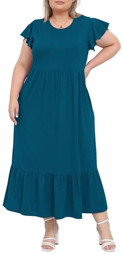 Moon Wood Robe Ete Femme Grande Taille Longue Boheme Manche Courte Casual Léger Fluide avec Poches