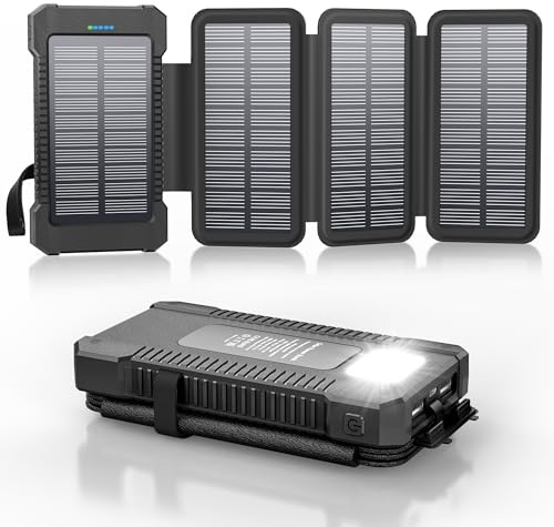Solar Power Bank 26800 mAh with 4 Solar Panels, Power Bank USB-C 18W Quick Charge for Compatible Phones, IPX7 Waterproof Outdoor External Batteries with Flashlight Light/SOS/Strobe