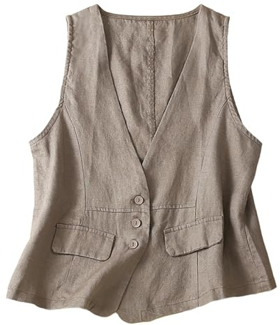 Dam linneväst dam ärmlös vardaglig väst solid älskling bomull linne kort kappa basic träningskläder kvinnor, Khaki, XL