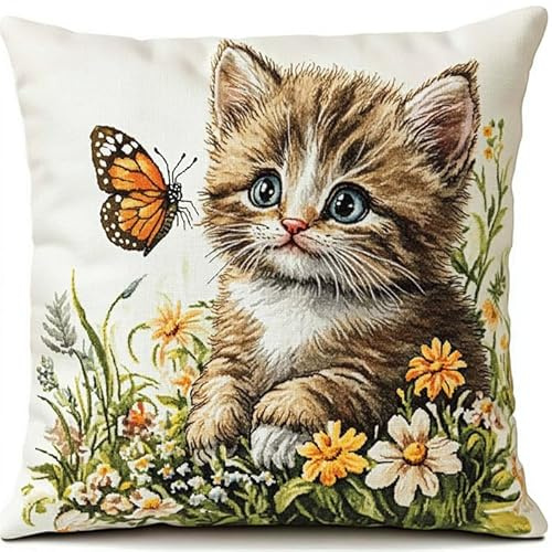 Fiori selvatici di farfalle Kit Gancio di Chiusura Cuscino,Animale un gatto carino,Kit Cuscino Con Gancio di Chiusura per Cuscino per Adulti e Principianti Gancio Bloccaggio Cuscino,43x43cm