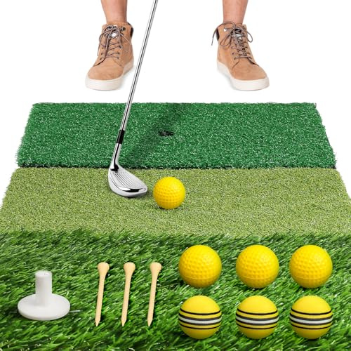 GoldOars Golf Hitting Mat & Practice Mat with Heavy Non-Slip Base, Tri Turf, Ball Tray and Tees, Foldable Indoor, Outdoor Portable Golf Training Mat for Home Driving Range