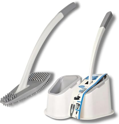 bideo® Silikon Toilettenbürste weiß im 2er-Set – WC Bürstengarnitur mit Halter & Abtropffunktion – 360° Flexible Noppen für Randreinigung & Abfluss – WC Bürste schwarz
