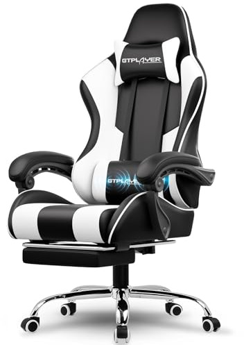 LUCKRACER Gaming Chair with Footrest, Massage Computer Chairs for Adults, Ergonomic High Back Support Height Adjustable Heavy Duty PC Chair(Faux Leather, White)