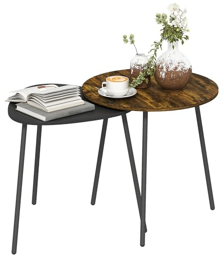 HOMCOM Nesting Side Table Set of 2, Nest of Tables with Metal Frame for Living Room, Bedroom, Home Office, Rustic Brown