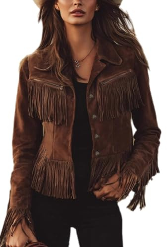 RISCUYY Suede Jacket Women Vintage Western Cowgirl Style Tassel Button Up Long Sleeve Lapel Faux Suede Fringe Jacket Women