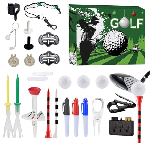 Calendario de golf de Adviento, calendario de cuenta regresiva de Navidad con herramientas de golf, accesorios deportivos con marcador de bola para el día del padre, de cumpleaños, oficina