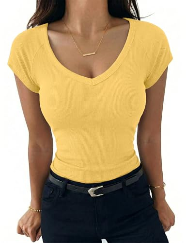 Aottori Camiseta Manga Corta Mujer Cuello en V Punto Acanalado | Verano, Top, Elástico, Slim Fit, Color Block, Básico, Elegante, Casual, Cómoda, Ligero, para Uso Diario Salida