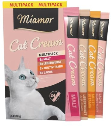Miamor – Cat Snack (Cream) multipack | läckra mellanmål för att skämma bort vuxna katter. Kompletterande foder i portionspåse utan socker och konstgjorda tillsatser | 4 x 24 x 16 g