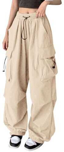 Generiska cargobyxor dam baggy Y2K, sommarbyxor dam lätta långa breda ben, med dragsko och fickor sportbyxor elastisk midja, cargobyxor streetwear fritidsbyxor bekväma enfärgade joggingbyxor