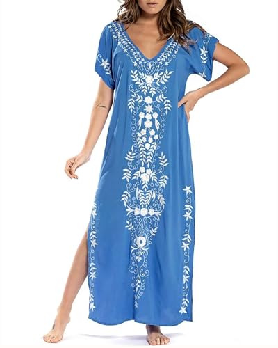 Bsubseach V Neck Caftan Swimsuit Cover Up for Women Short Sleeve Beach Swimwear Turkish Kaftan Blue