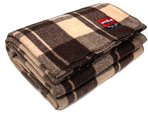 Swiss Link Military Surplus 90 x 62 Inch Insulating Indoor Outdoor Stain, Flame, and Water Resisting Classic Wool Plaid Washable Throw Blanket, Brown