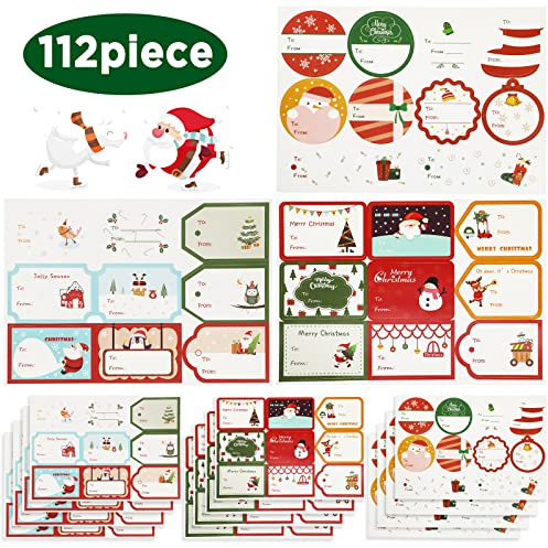 Hianjoo 112 PCS Christmas Sticker Labels, Christmas Self Adhesive Stickers Gift Name Tag Santa Snowmen Xmas Tree Reindeer Christmas Presents Labels for Festival Birthday Wedding Holiday Decoration