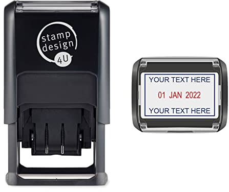 Stamp Design 4U- Personalised Self Inking Word and Date Stamp- Blue & Red Ink- 46 x 32 mm