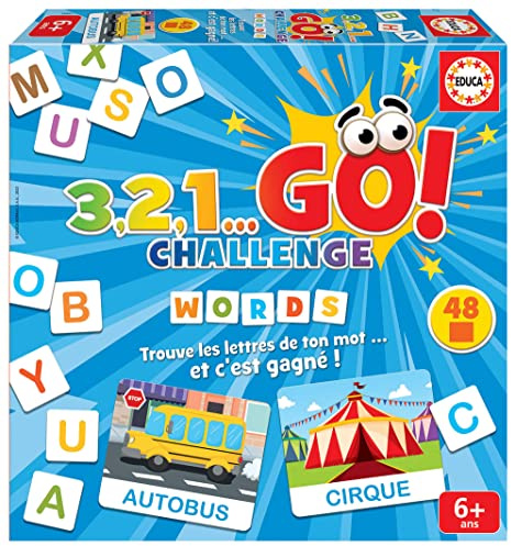 Educa - 3,2,1... GO Challenge Words | Trouve les lettres de ton mot avant tout le monde ! Avec 48 mots et 150 lettres majuscules | Jeu de société pour enfants et famille, 2 à 5 joueurs. Age 6+ (19421)