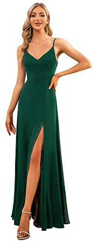 Ever-Pretty Women's Backless Spaghetti Straps V Neck Asymmetry Chiffon Long Slit Evening Dress Dark Green 10UK