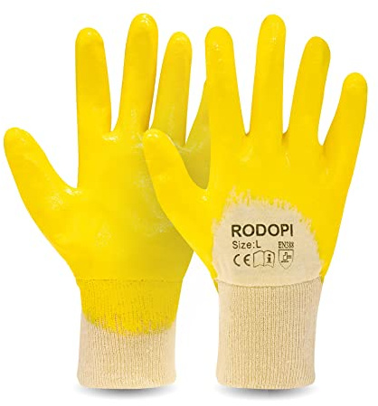 RODOPI LUBRIX Arbeitshandschuhe für Herren und Damen Nitril beschichtet Gummihandschuhe gelb Nitrilhandschuhe Ölresistent Handschuhe Gartenhandschuhe (6 Paar, 9)