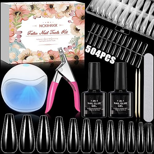 NCKIHRKK Capsule Americaine Ongle Kit, 504 Pièces Ongle Pose Americaine, Faux Ongles Capsules Ongles Americaine avec Mini Lampe UV Ongle, Colle Faux Ongles, Coupe Capsules Ongles, Limes à Ongles