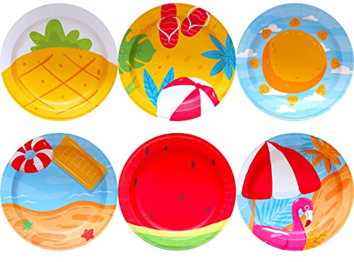 Summer Paper Plates - 60-Count Small Disposable Colorful Cute Party Plates in 6 Assorted Theme Designs - Party Supplies for Birthday, Dessert, Beach or Pool Party - 8 x 8 (Summer)