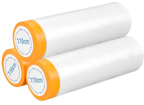 Cieex Abdeckfolie mit Klebeband, Abdeckfolie Maler Transparent 110cm*20M, Selbstklebende Malerfolie, Staubschutzfolie auf Rolle, Goldband Masker Tape und Malerkrepp zur Staubschutz（3 Rollen)