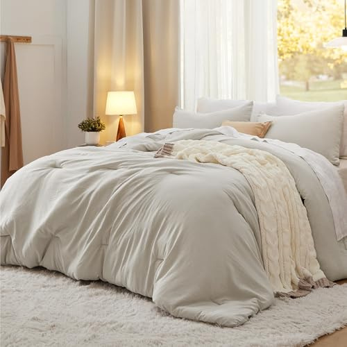 Bedsure Queen Comforter Set, Beige Soft Prewashed Bedding for All Seasons, 3 Pieces GentleSoft™ Bed Set, 1 Lightweight Comforter (90x90) and 2 Pillowcases (20x26)
