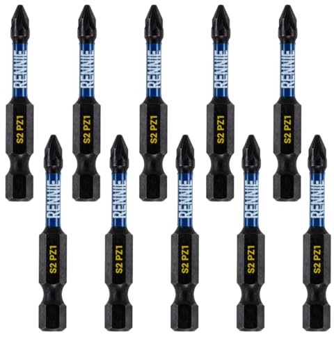 Rennie Tool Company“ 10 x Rennie Tools 50 mm langes PZ1-Schlagschrauber-Bit-Set. Hochleistungs-PoziDriv POZI Nr. 1 magnetischer Schraubendreher-Bit-Satz. PZ1 Schlagschrauber-Bits Pozidrive-Schrauben