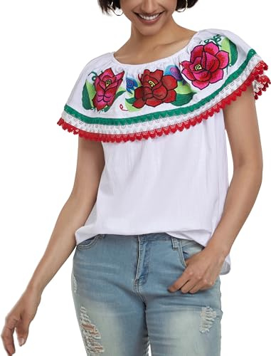 YZXDORWJ Women Mexican Embroidered Off-Shoulder Traditional Shirt Lace Ruffle Floral Blouse Falbala Top (XL, 346WJ)