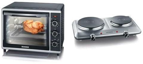 SEVERIN Mini-Four à chaleur tournante 30 L avec tournebroche, Four posable 1 600 W & Plaque de cuisson électrique double 2 500 W, Plaque de cuisine pour logement étudiant