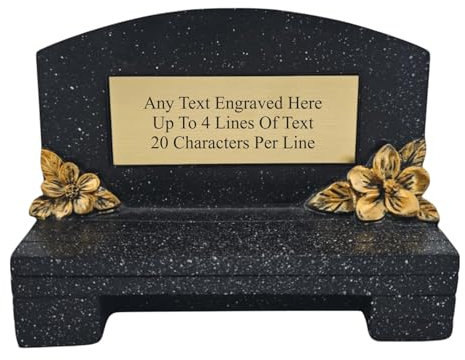 1stclassgifts [Custom] Personalised Engraved Black Memorial Bench With Engraved Plaque Grave Marker With Gold or Silver Plate (Gold Plate & Flowers)