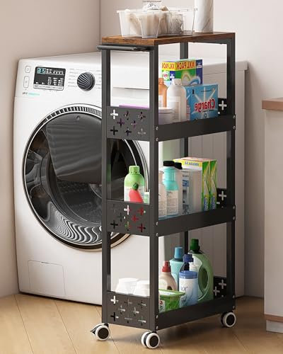 UMDONX Metal Slim Storage Trolley 4 Tier - Kitchen Cart on Wheels Pantry Narrow Organiser Shelf Space Saving (Black Load Capacity 80KG)