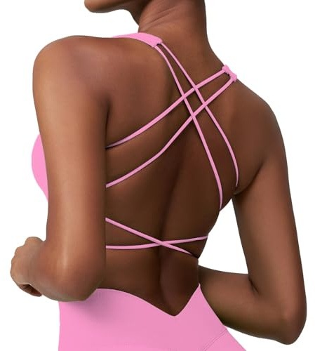 Okdance Reggiseno sportivo da donna con schiena scoperta, spaghetti indietro, croci, palestra, top a basso impatto, supporto per pilates, yoga, Colore: rosa., L
