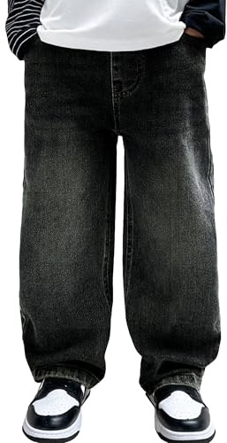 Happy Cherry Jeans Lâche Enfants Garçons Jambe Large Pantalons en Denim Noir Baggy Jeans Taille Elastique Printemps Automne, 13-14 Ans