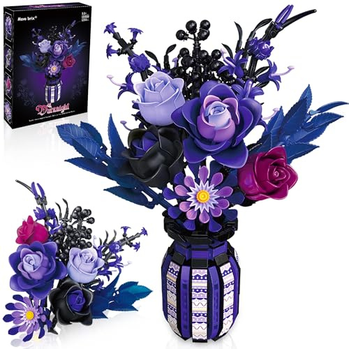 Ensemble de Construction de Fleurs avec Vase pour Adultes, Collection botanique de Roses Violettes, compatibles avec Les Fleurs Lego, 14+