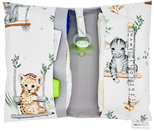 Personalisierte Windeltasche mit Name und Datum für unterwegs, Tierbaby-Design weiß hellgrau, Große Wickeltasche für bis zu 4 Windeln + Feuchttücher, Wickelorganiser