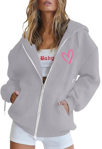 Maglione lungo da donna, casual, felpa con cappuccio e felpa con cerniera, maniche lunghe, tasca e coulisse in pile, perfetto da indossare tutti i giorni e da indossare in inverno con strass, grigio