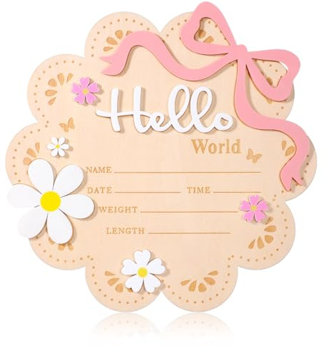 Wooden Newborn Announcement Sign, Butterfly Daisy Hello World Board, Newborn Welcome Signs with Butterfly and Daisy Decorations, Baby Name Plaque Board for Babies Shower, Hospital and Nursery Decor