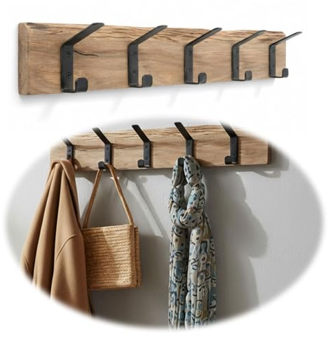 LS-LebenStil Vintage Holz Wandgarderobe 5 Haken Eiche Braun 55cm Garderobenleiste 5-fach Doppelhaken - Stabile Gusseisen Garderobenhaken Kleiderhaken Hakenleiste Mäntel Jacken