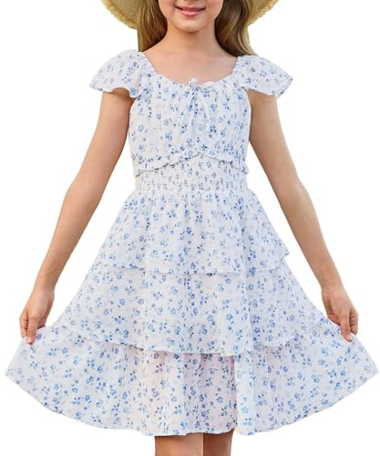 GRACE KARIN Girls Summer A-Line Tiered Floral Dress, Ruffle Sleeve Square Neck Midi Flower Girl Party Dresses 6-14 Years