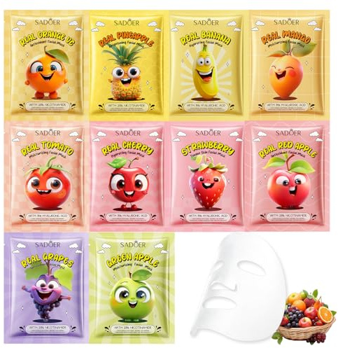 10 Pezzi Maschera viso, Maschera Viso Coreana Nutriente con Frutta ed Estratti Vegetali, Maschere Viso in Tessuto, per Azione Idratante, Detergente, Set Skin Care Ragazza Donne
