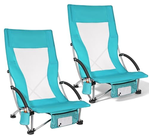 WildFun 2 sedie da spiaggia pieghevoli, basse, leggere, da campeggio e da pesca con schienale alto, portabevande – Portata fino a 180 kg per viaggi, attività all'aperto, barbecue, picnic, festival (2