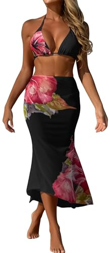 Maeau - Bikini Mujer 3 Piezas Sexy con Estampado Floral Ajustable Conjunto de Bañador Playa S-L