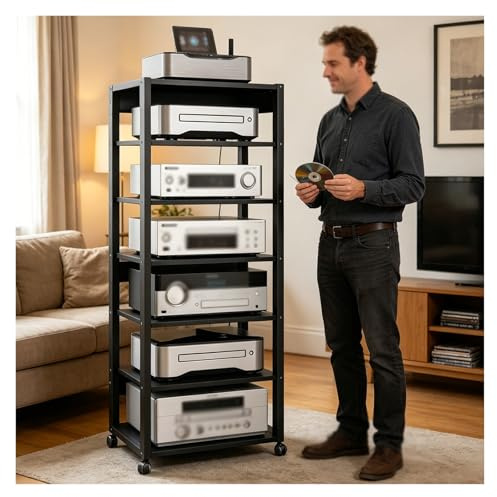 7-vånings Skivspelare Med Hjul, Hifi-ställ För Hemmabio | Mobilt Stereoskåp AV-mediastativ, Justerbar Vinylhållare För Förstärkare, DVD-spelare(Black)