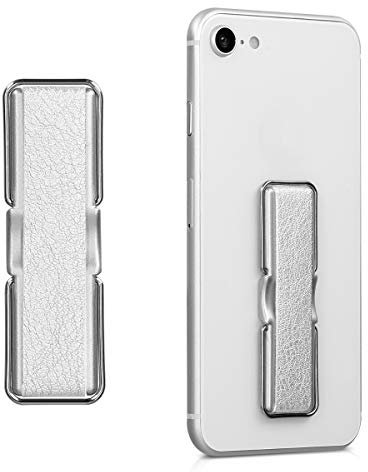 kwmobile Agarre elástico para móvil con Soporte - Banda de sujeción para Dedo - Correa Trasera de Cuero sintético para Smartphone - En Plateado