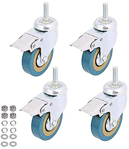 WeFoonLo Paquet de 4, Roue à roulettes en polyuréthane Non marquante verrouillable à Rotation avec roulettes pivotantes et Blocage pour Chariots, Meubles, Porte-Outil (M10 Tige filetée-3)