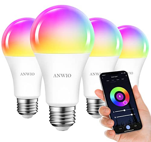 ANWIO Smart Alexa Glühbirnen E27 RGB Bluetooth LED Lampe WLAN Birne 12W ersetzt 100W, 1521LM RGB Lampe Kompatibel mit Amazon Alexa Echo, Google Home, 4er Pack
