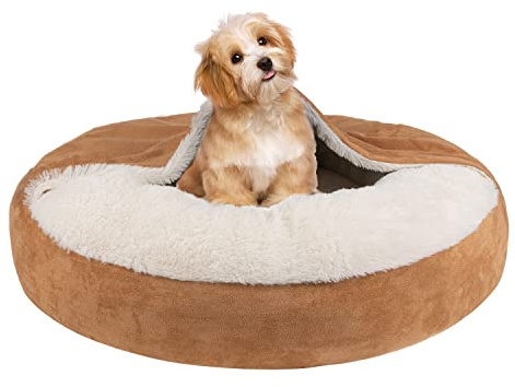 MICOOYO Hooded Dog Bed Mediuml, Cozy Donut Dog Blanket Bed for Doggie, Claming Pet Caved Bed for Cats Puppies (Medium, Wheat)