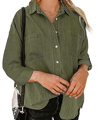 Sawmew Jeansskjorta Långärmad Jeansblus Med Knäppning För Kvinnor Mode Vår Höst Lätt Jeansjacka Med Fickor (Color : Army green, Size : S)